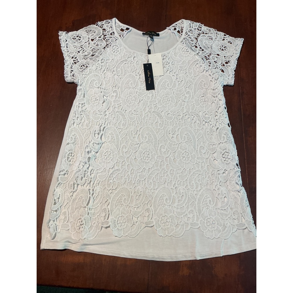 Melissa Paige White Floral Lace Overlay Short Sleeve Top Scoop Neck NWT Size M